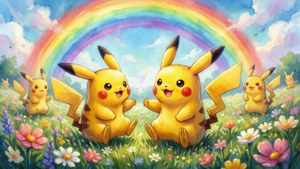 Милая акварель с Пикачу, играющим в цветочном поле с радугой. — Nintendo Обои