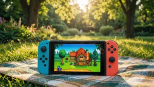 Спокойные обои с Nintendo Switch в саду, играющим в Stardew Valley