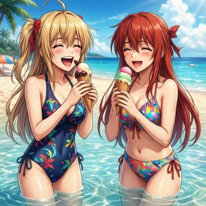 Забавные пляжные обои с девушками из Kantai Collection, наслаждающимися мороженым — Pixel Watch Обои