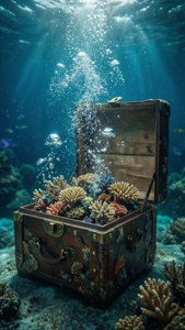 Коробка, открытая под водой, с пузырьками и коралловым рифом внутри, сюрреалистическая океаническая тема. — iPhone 5 Обои