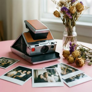 Нежный пастельный натюрморт с винтажной камерой Polaroid и фотографиями