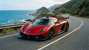 Обои Красный Koenigsegg Regera вписывается в прибрежный поворот с океаном и холмами.