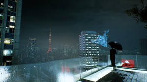 Обои с одиноким прохожим на балконе из Ghostwire Tokyo