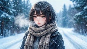 Обои Аниме-девушка наслаждается заснеженным зимним пейзажем.