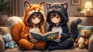 Два аниме-ребёнка в звериных пижамах читают книгу вместе на уютном диване.