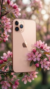 Розово-золотой iPhone 11 Pro Max среди розовых цветов в весеннем свете.