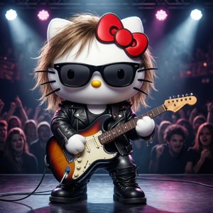 Hello Kitty зажигает на сцене со своей гитарой.