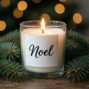 Свеча с надписью «Noel» и ветвями вечнозеленых растений, элегантно. — Эстетичное рождество Обои