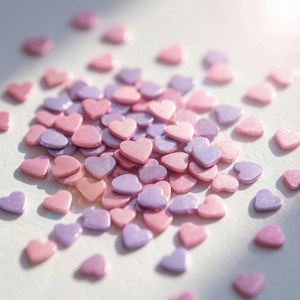 Пастельно-розовые и лавандовые сердечки-пайетки на белом фоне, нежные и романтичные. — Huawei nova Flip Обои