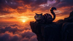 Силуэт Кота Чеширского на фоне красочного заката. — Чеширский Кот Обои