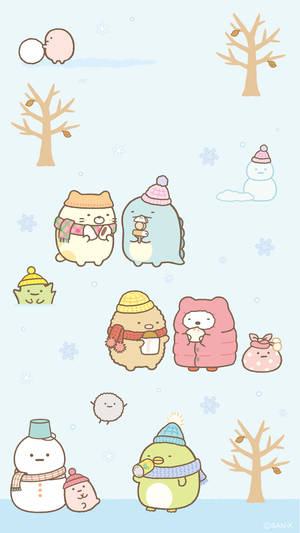Персонажи Sumikko Gurashi зимой кавай обои.