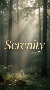 Бледно-золотая надпись «Serenity» над туманным лесом с лучами света, спокойная природная эстетика. — Эстетичные слова Обои