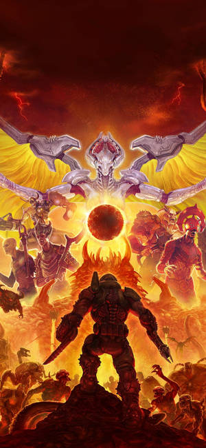 Обои с артом Doom Eternal, где Палач Рока противостоит Хан Майкр и её приспешникам. — iPhone Xs Max Обои