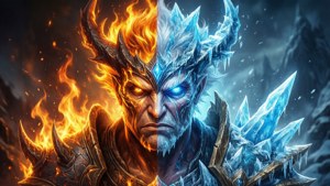 Rog Ally, разделённый на огненную и ледяную половины, контраст стихий.