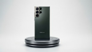 S24 Ultra в студийной съёмке на пьедестале, чистый белый фон.