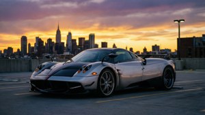 Обои Серебристый Pagani Huayra BC в сумерках на крыше с городским горизонтом на заднем плане.