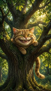 Реалистичный Чеширский Кот улыбается в залитом солнцем дубе. — iPhone 6 Обои