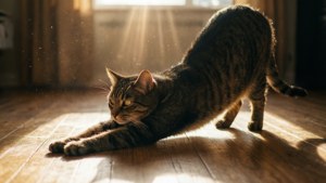 Кошка потягивается в солнечном луче на деревянном полу. — Кот Обои