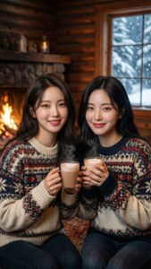 TWICE в уютных зимних свитерах на фоне снега и тёплого света камина.
