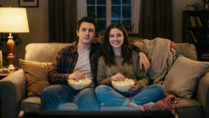 Виво и Габи устраивают уютный вечер за просмотром фильма дома.