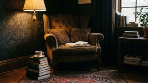 Тёплый и атмосферный уголок для чтения с лампой и книгами.