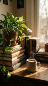 Уютный уголок для чтения с книгами, кофе и растениями. — Инди эстетика гиф Обои