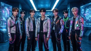 Кпоп-бойз-бэнд в стиле киберпанк в футуристической обстановке. — Kpop гиф Обои