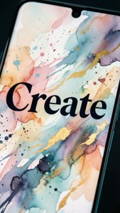 Pixel 8 с обоиной типографикой «Create» и акварельными брызгами