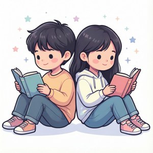 Клипарт двух друзей, читающих спиной к спине, на звездном фоне. — Huawei nova Flip Обои