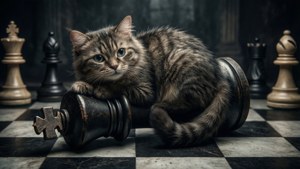 Чеширский кот, возлежащий на шахматной фигуре в драматической сцене. — Чеширский Кот Обои