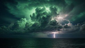 Обои Драматическое зеленое небо с молниями над темным океаном.