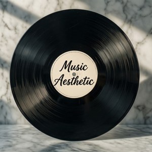 Виниловая пластинка с текстом «Music Aesthetic» на минималистичном мраморе. — Музыкальная эстетика Обои