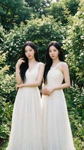 TWICE в белых платьях в пышном саду с мягким солнечным светом.