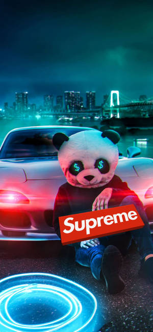 Красный Supreme на фоне панды — iPhone 12 Обои