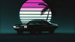 Изображение ноутбука с автомобилем в стиле Vaporwave 4K